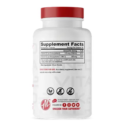 Вітаміни Д3+К2 Metabolic Nutrition Vitamin D3 7000 +K2 200 мкг 90 капс., фото 2