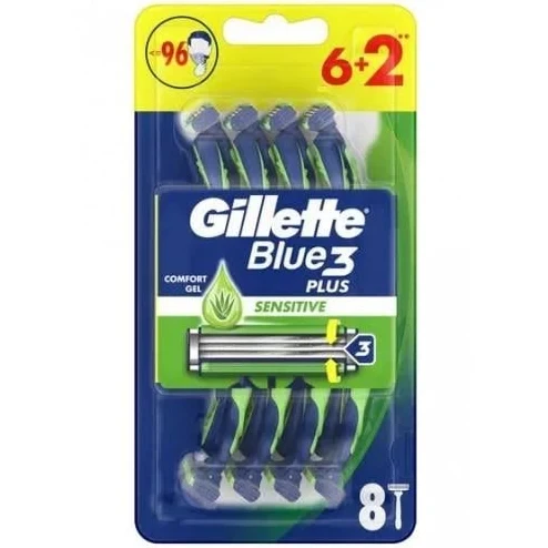 Набір одноразових станків для гоління Gillette Blue 3 Sensitive упаковка 6+2 шт., фото 1