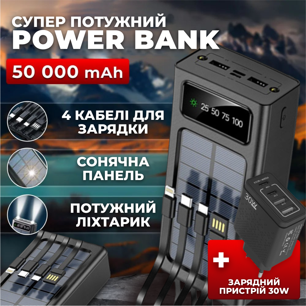 Зовнішній акумулятор Потужний повербанк power bank портативний із сонячною батареєю зі швидкою зарядкою 50000mah - фото 1 - id-p2333601709