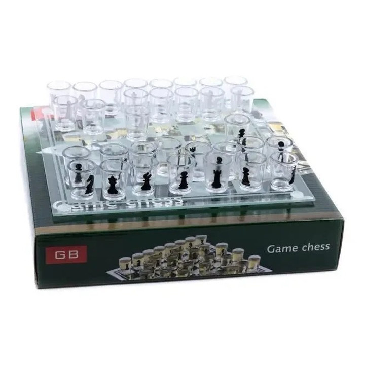 Алко П'яні шахи з чарками та скляною дошкою 24х24 см. Алкогольні шахи чарки, настільна гра 32 чарки YW-39, фото 1
