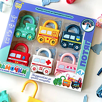 Розвивальна гра Замочки паровозик, дитяча логічна іграшка машинки з замками та ключиками 6 вагонів