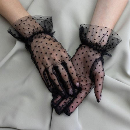 Рукавички мереживні в горошок 28 см (чорні) ABC