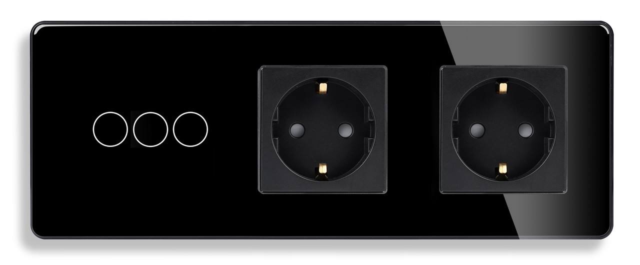 Сенсорний Wi-Fi + BLE вимикач (3кл.) + Розетка (2 шт.) 1DAL | Чорний Скло (G228D-SW3G.WF-STX2.BL)
