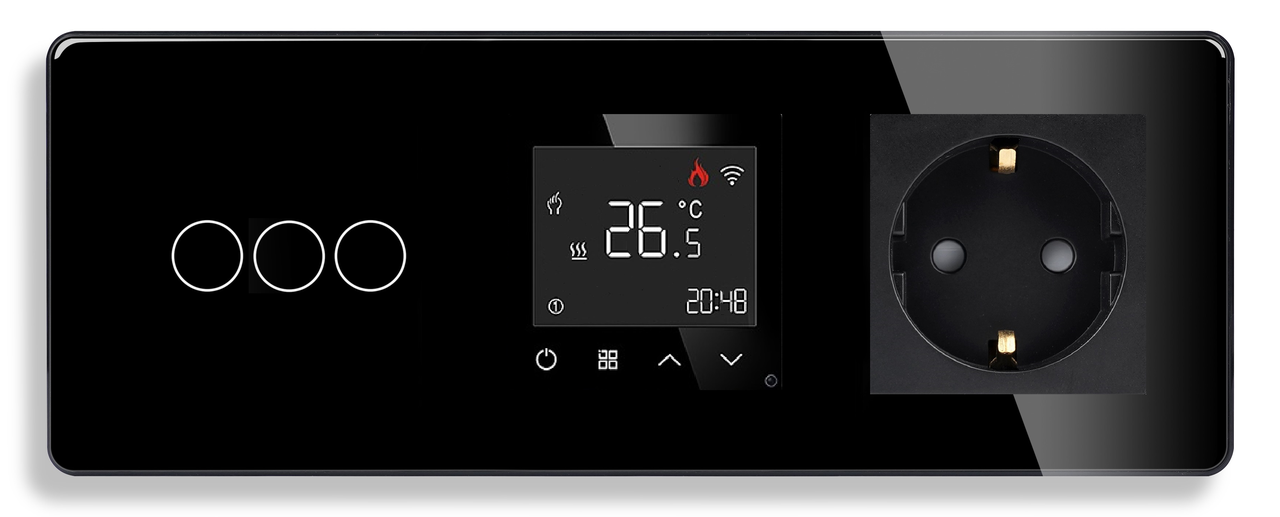 Скляна панель: WiFi терморегулятор + Вимикач + Розетка 1DAL | Чорний, (G228D-SW3G-TR.WF-ST.BL)