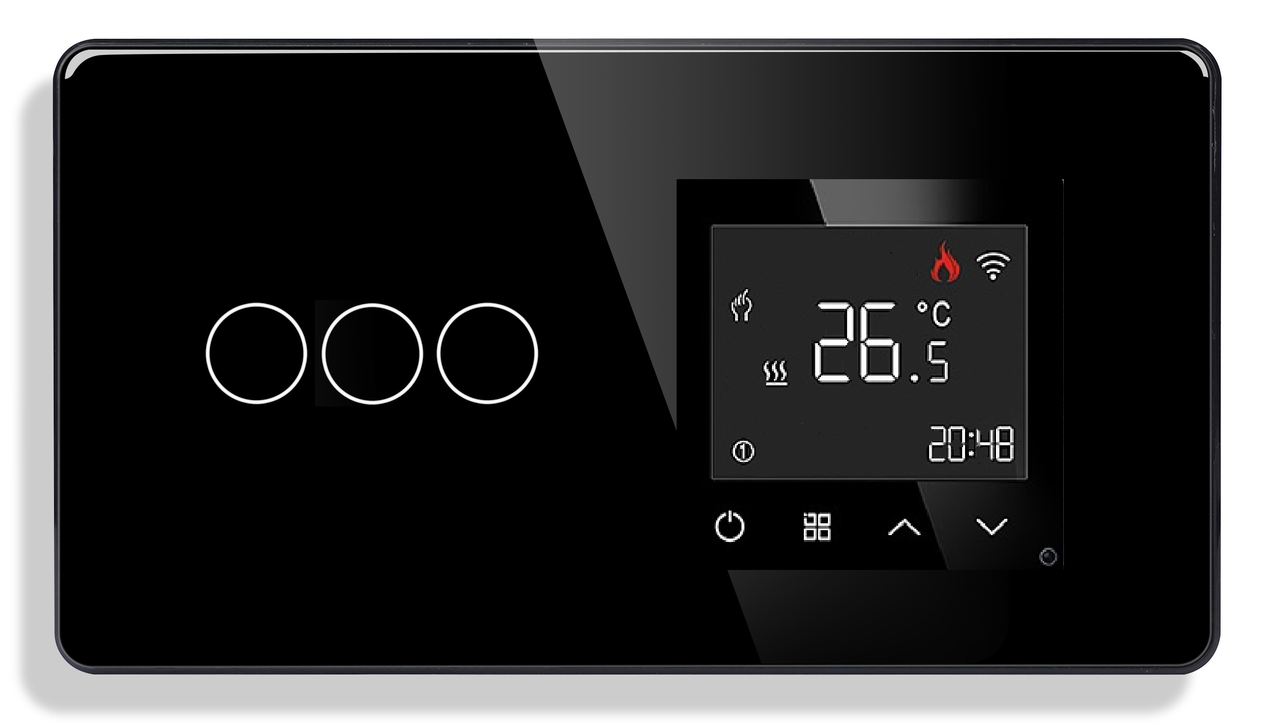 Wi-Fi регулятор теплої підлоги + Вимикач 3 сенсори 1DAL | Чорний, Загартоване скло (G157D-SW3G-TR.WF.BL)