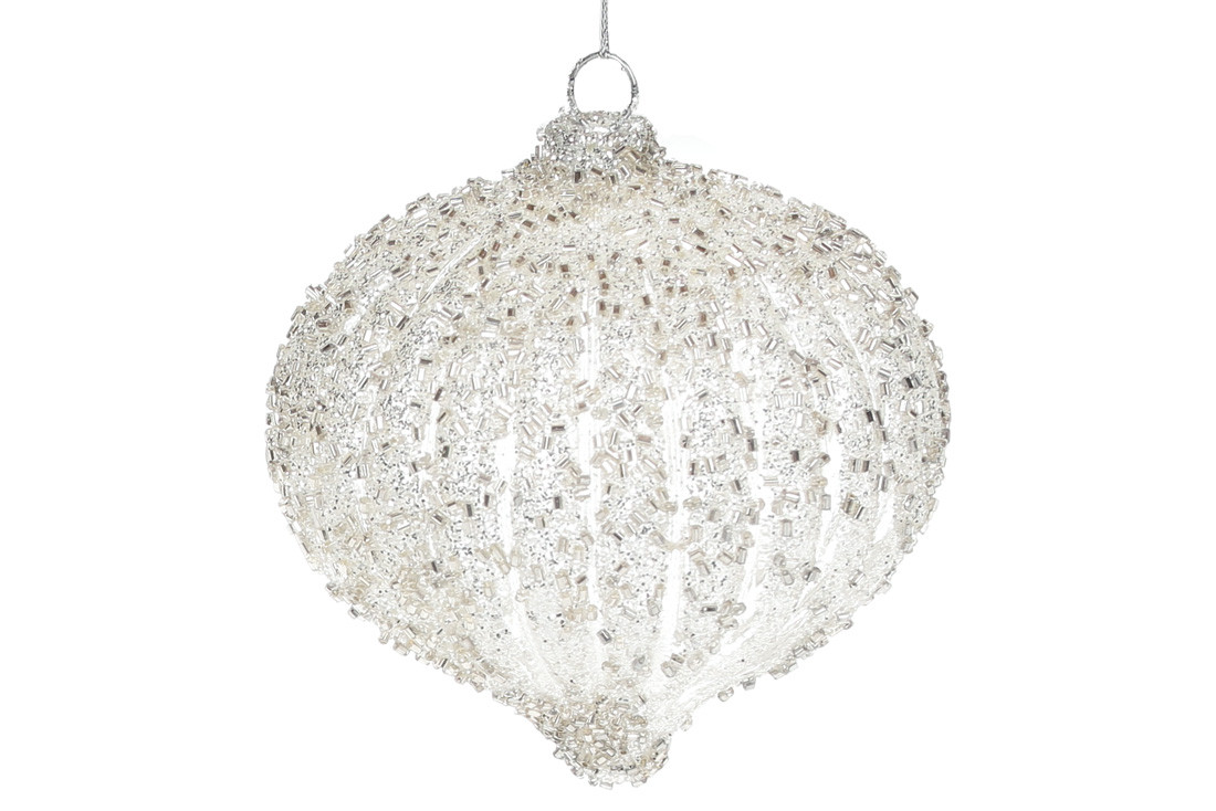 Ялинкова прикраса 10см рельєфної форми, прозора з декором з гліттера та бісеру, колір - срібло антик 118-380, фото 1