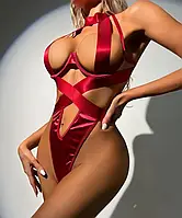 Женское эротическое откровенное боди бордового цвета из стрейча