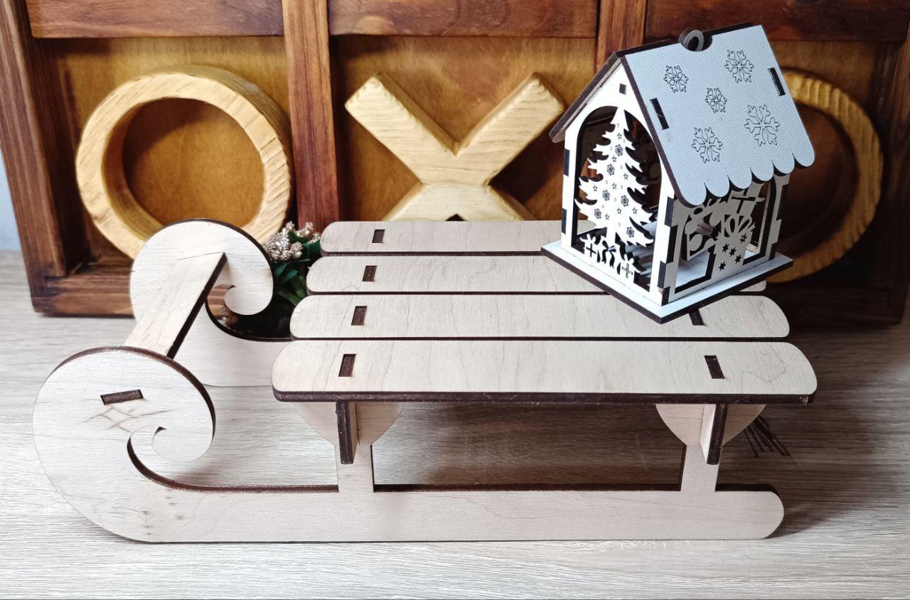 Різдвяні санки з фанери 25*12*8см, фото 1