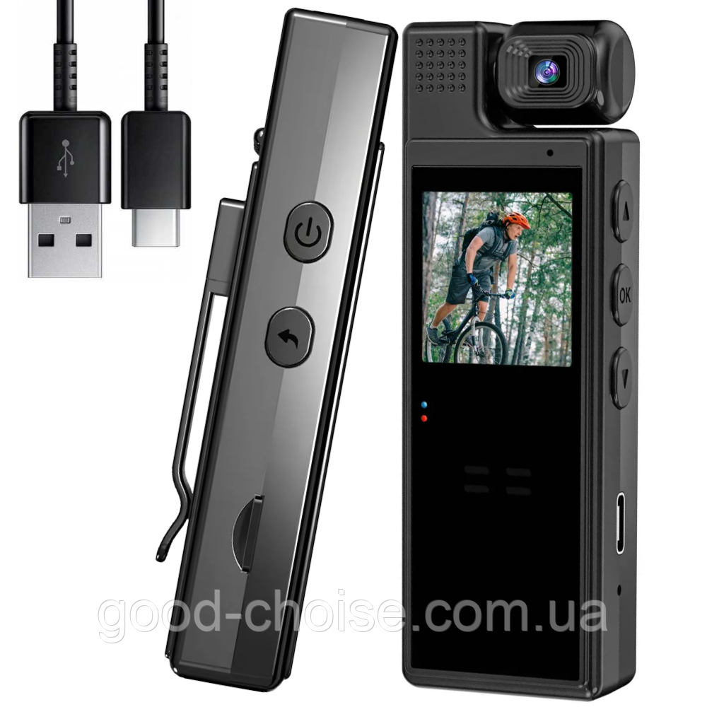 Нагрудна боді-камера з дисплеєм, FullHD та датчиком руху, від USB, L9 / Бездротова міні-камера на груди