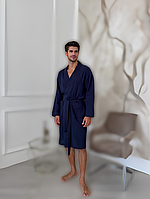 Мужской халат из натурального муслина стильный размер M, халат мужской хлопковый натуральный Темно синий