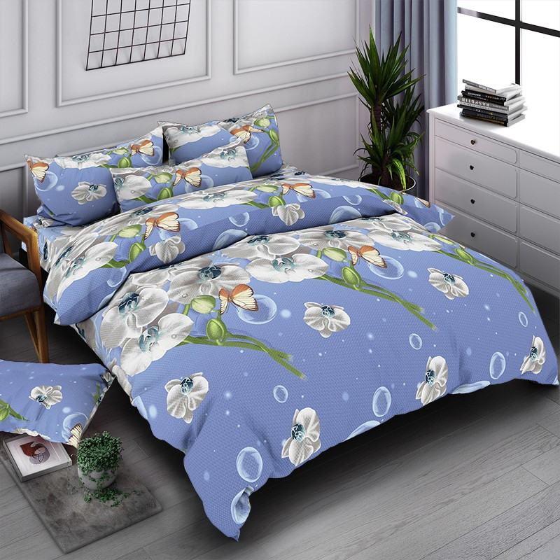 Підковдра на блискавці 145х215 (Бязь) | Полуторна підковдра від виробника "Королева Ночі" | Орхідеї та метелики на блакитному, фото 1