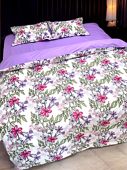 Постільна білизна Королева Ночі (Ранфорс Premium) | Полуторний комплект | 50х70 | Квіти на світлому та фіолетовому