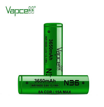 Акумулятор 18650 літій-іонний (Li-Ion) Vapcell INR18650 N36, 3650mAh, 8A, 4.2/3.6/2.5V, Green, фото 1