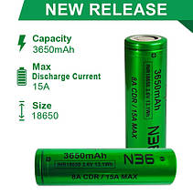 Акумулятор 18650 літій-іонний (Li-Ion) Vapcell INR18650 N36, 3650mAh, 8A, 4.2/3.6/2.5V, Green, фото 4