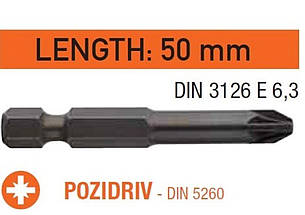 Насадка викруткова USH Industry "тонке жало" Pozidriv PZ3 x 50 мм. подовжена, Уп. 10 шт.