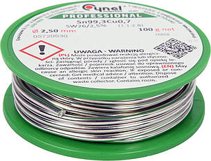 Припій без свинцю CYNEL : Ø2,5 мм, Sn99,3-Cu0,7 дротяний на котушці з флюсом m= 100 г [30]