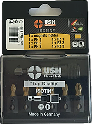 Набір насадок викруткових Isotin USH: 1/4", PH1, PH2, PH3, PZ1, PZ2, PZ3; магнітний тримач, 7 ел.