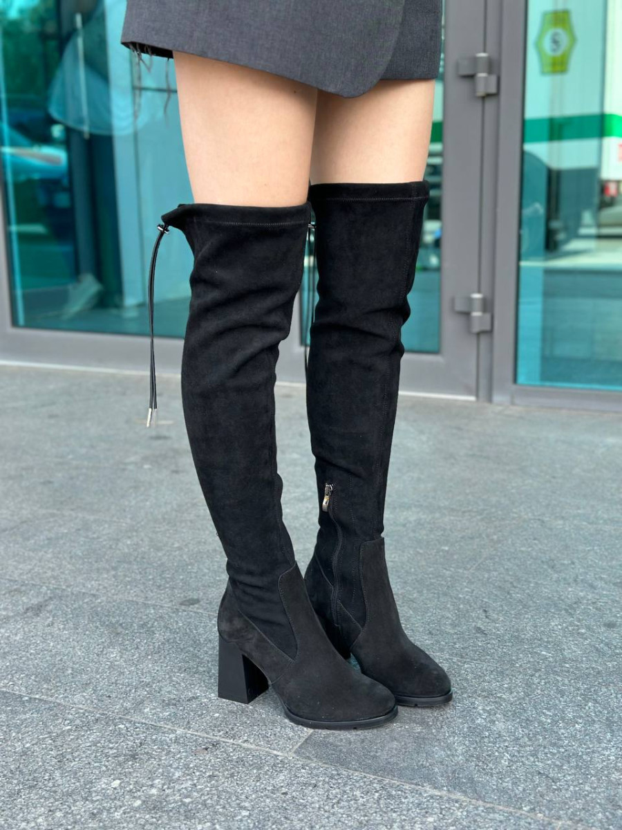 Ботфорти панчохи жіночі замшеві зі вставкою стрейчу чорні демісезонні, фото 1
