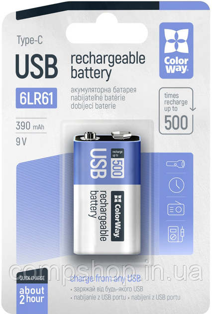 Акумулятор 6LR61 390mAh ColorWay USB-С 9В (Li-Polymer) (CW-UB9V-06) (код 144362), фото 1