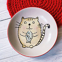 Тарілка керамічна з котиком і рибкою — японський стиль, діаметр 17,6 см