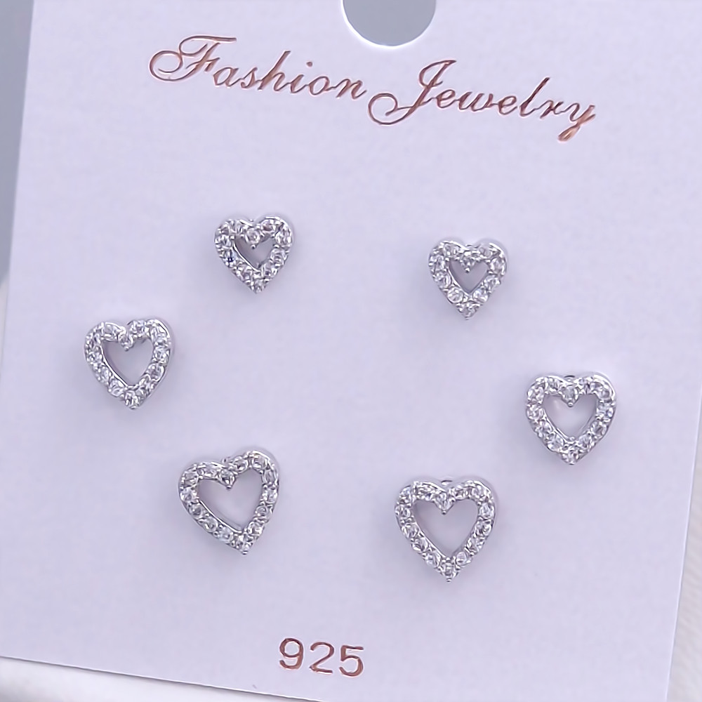 Набір із 3-х пар сережок-гвоздиків FJ. Родій. Камені: білий циркон