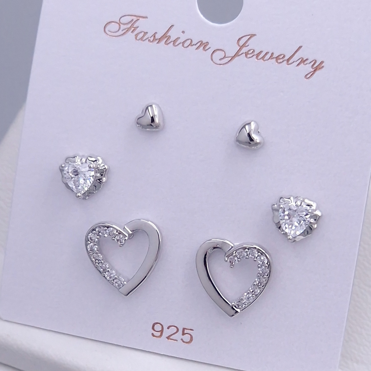 Набір із 3-х пар сережок-гвоздиків FJ. Родій. Камені: білий циркон