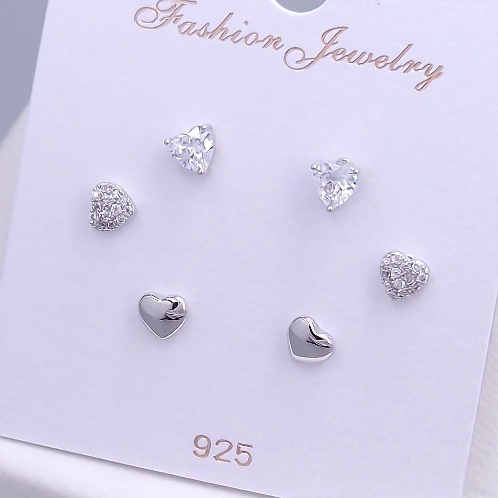 Набір із 3-х пар сережок-гвоздиків FJ. Родій. Камені: білий циркон