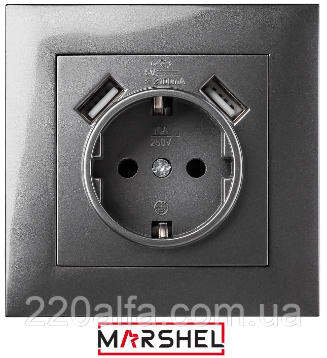 Розетка одномісна з заземленням та двома USB портами серія "IDEAL GRAFFITE" ТМ"MARSHEL"