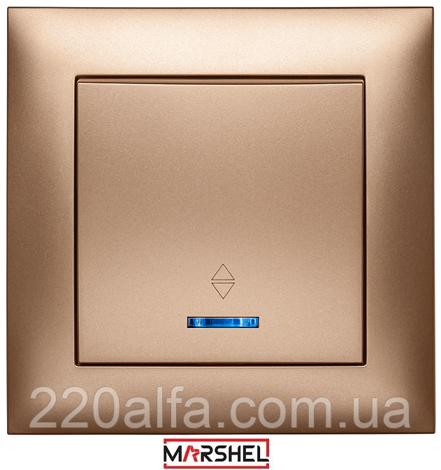 Вимикач одноклавішний з LED підсвічуванням прохідний серія "IDEAL GOLD" ТМ"MARSHEL"
