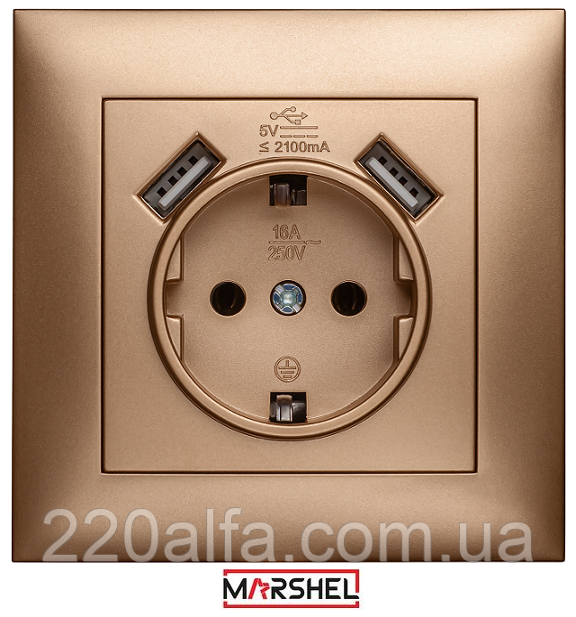 Розетка одномісна з заземленням та двома USB портами серія "IDEAL GOLD" ТМ"MARSHEL"