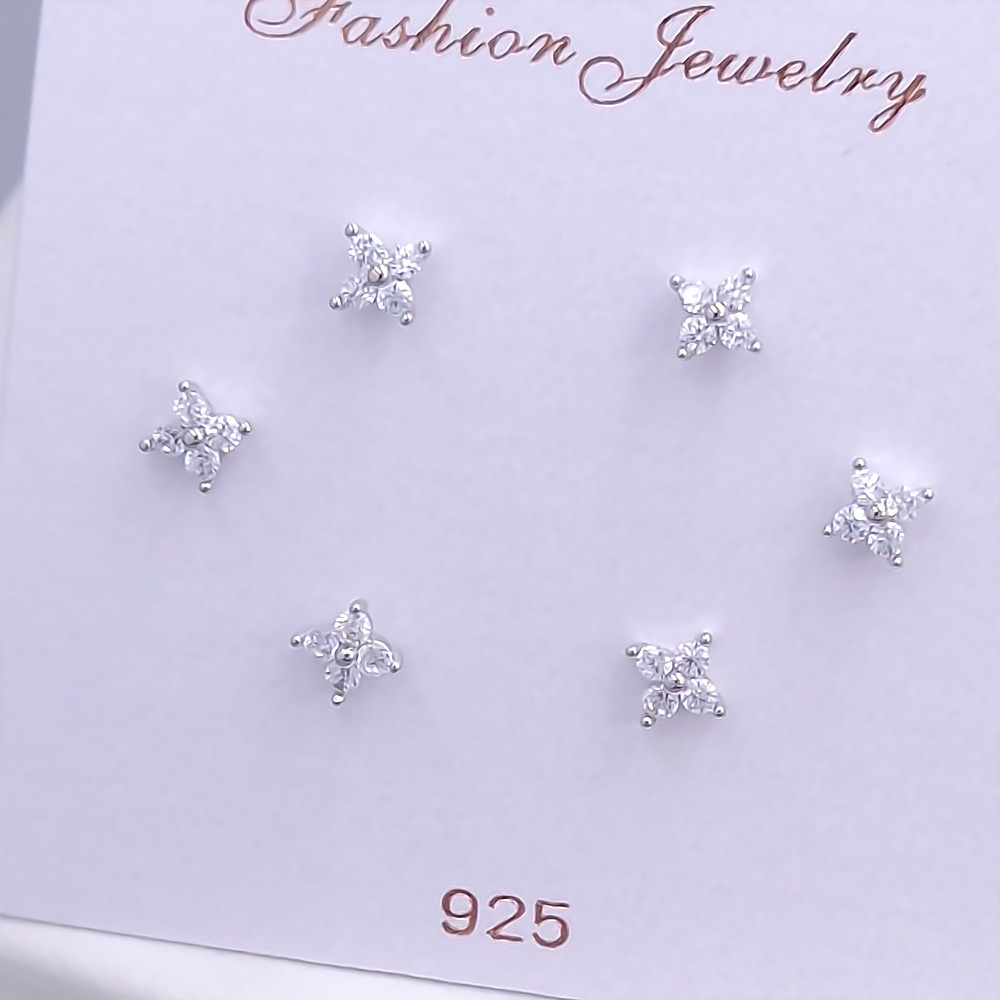 Набір із 3-х пар сережок-гвоздиків FJ. Родій. Камені: білий циркон