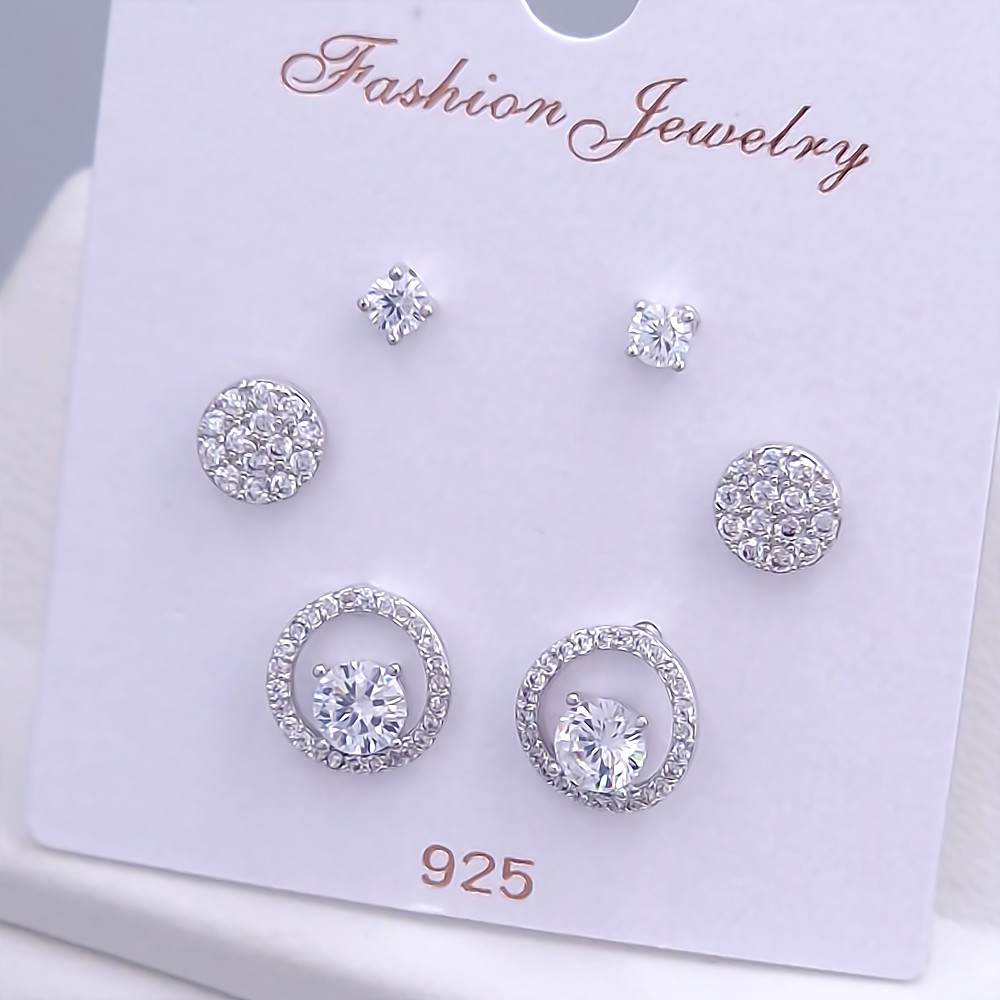 Набір із 3-х пар сережок-гвоздиків FJ. Родій. Камені: білий циркон