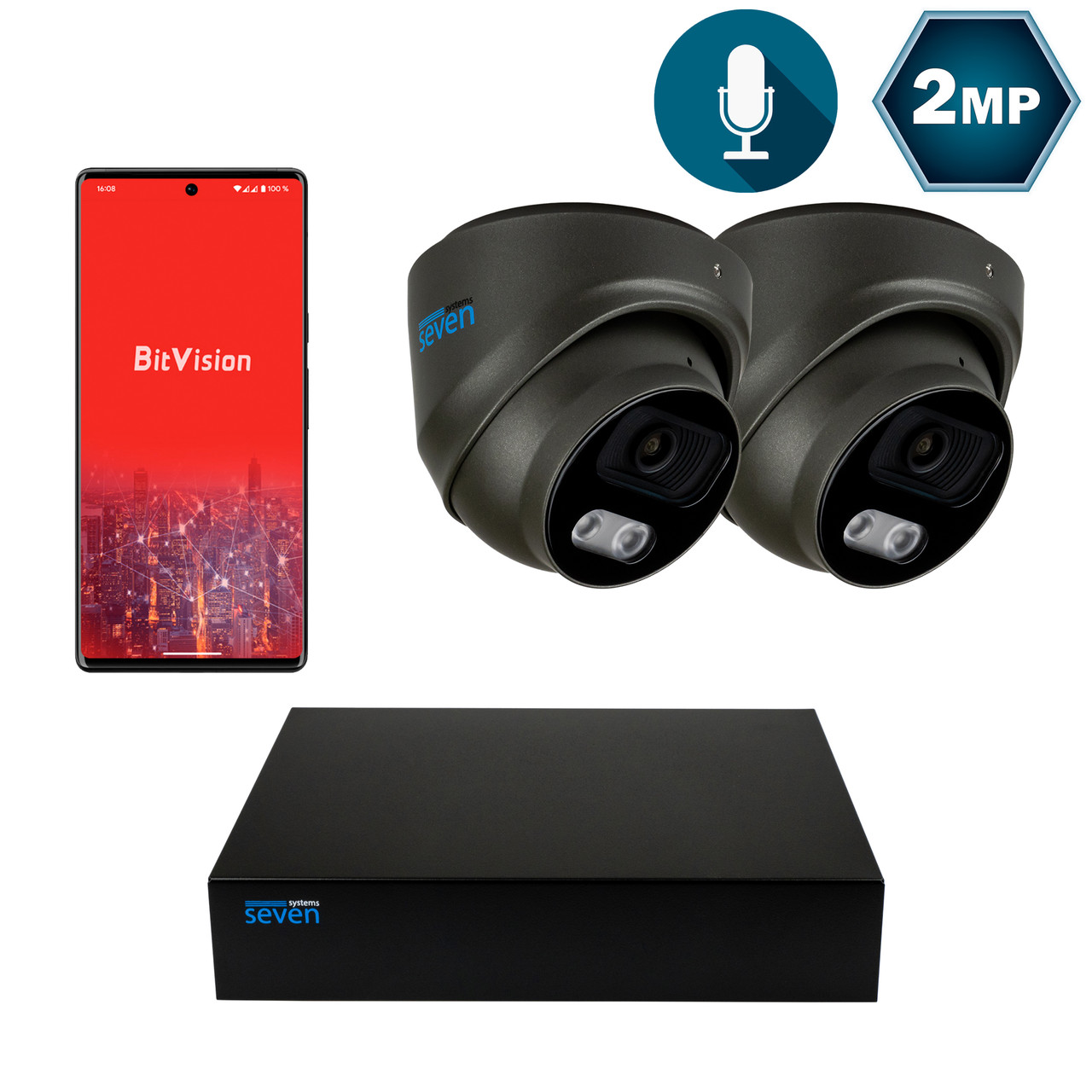 Комплект відеоспостереження на 2 купольні 2 Мп IP-камери SEVEN IP-7212B2P4-2MP