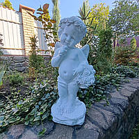 Садова фігура Янгол товстун у віночку з квітами (47х19х17 см), білий, фігурка янгола з полістоуну, статуетка янгола