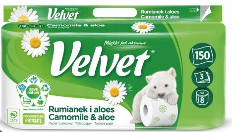 Туалетний папір Velvet Ромашка та алое 3 шари 8 рулонів 150 відривів 5901478999030