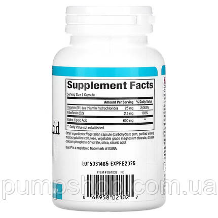 Альфа-ліпоєва кислота з вітамінами Natural Factors Alpha Lipoic Acid 600 мг with B1 & B2 60 капс., фото 3