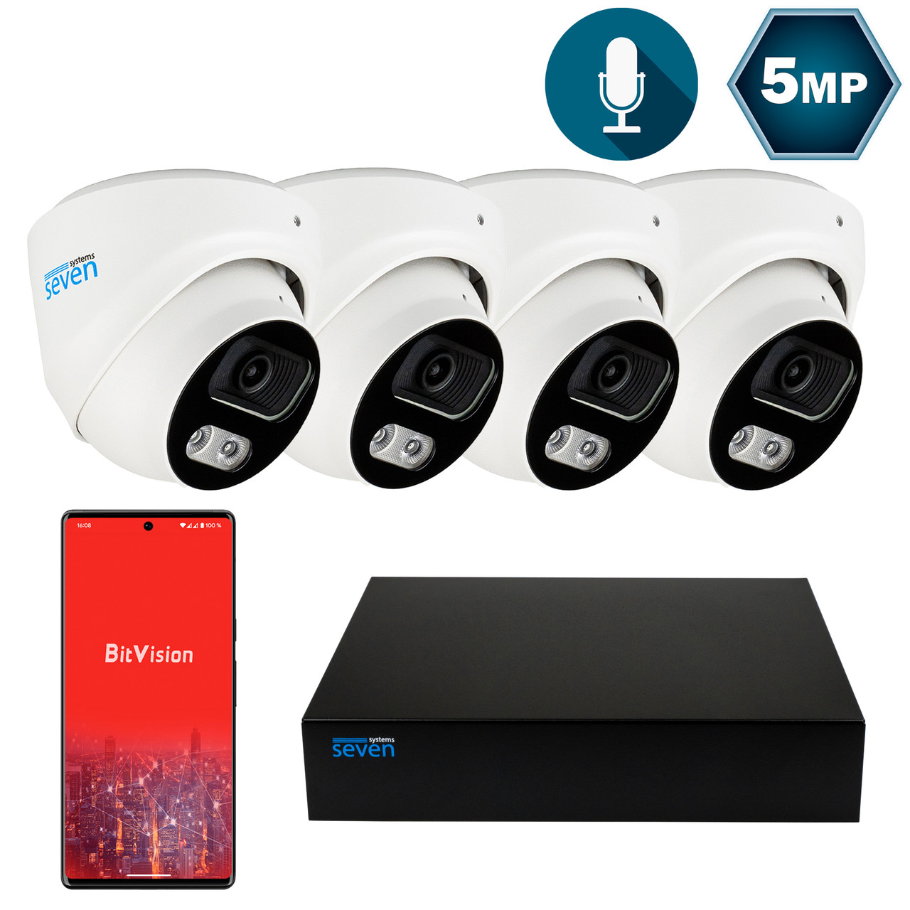 Комплект відеоспостереження на 4 купольні 5 Мп IP-камери SEVEN IP-7215W4P4-5MP