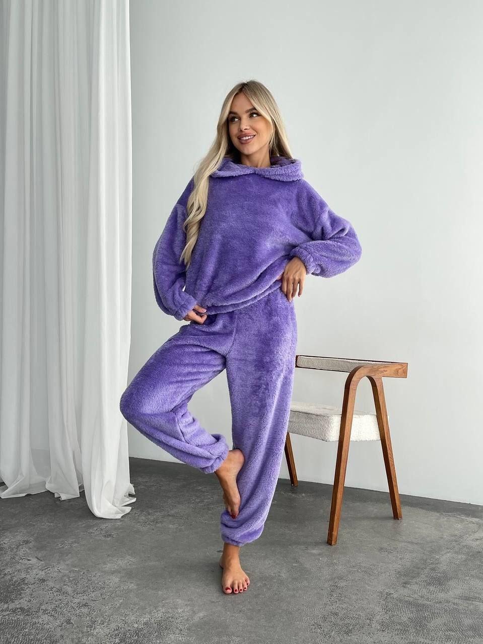 Домашній костюм із вухами на капюшоні тканина двостороння махра тепла жіноча піжама для сну колір лавандовий, фото 1