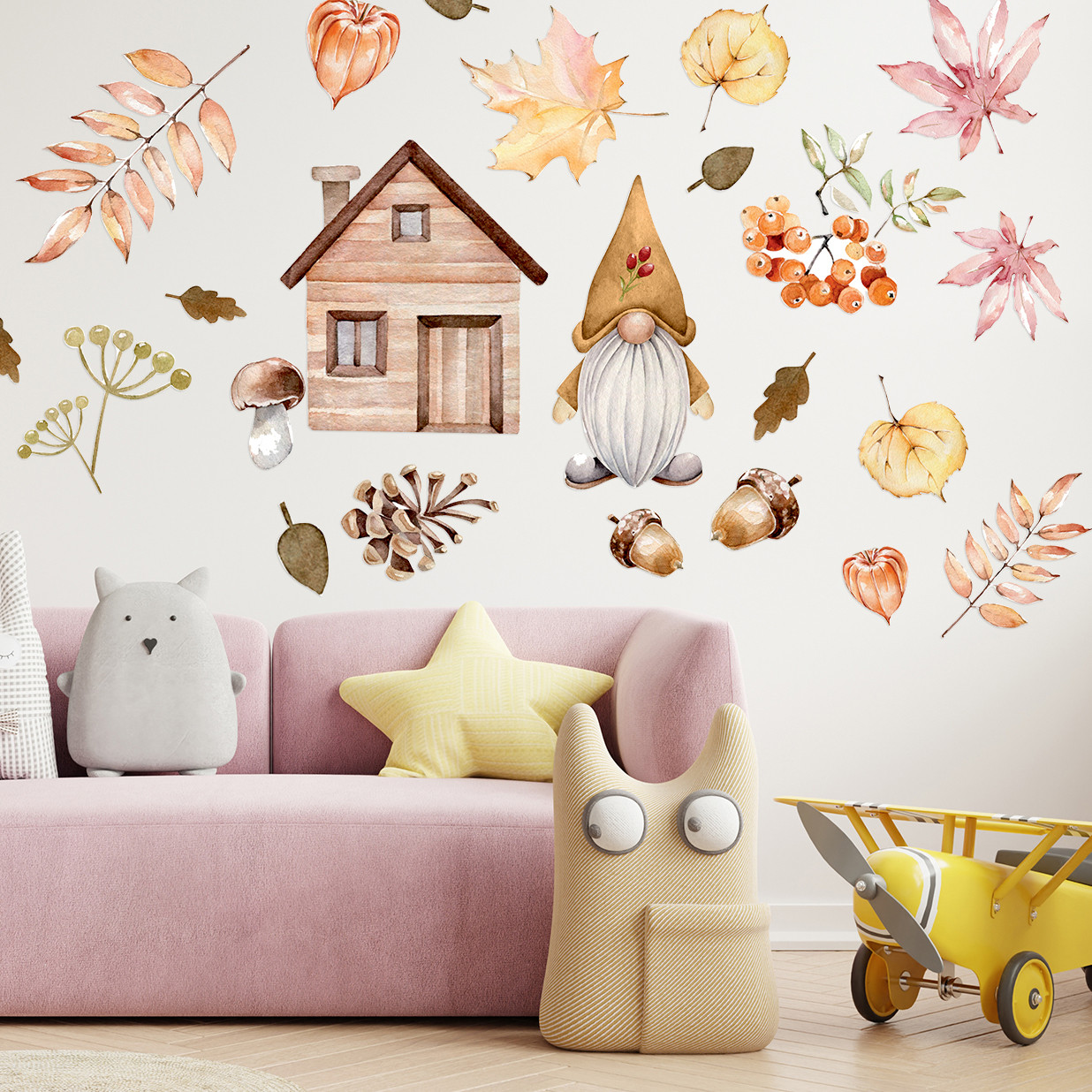 Набір інтер'єрних наклейок Осінній гном листя шишки гриби Хелловін Набір М 1000х500мм матова