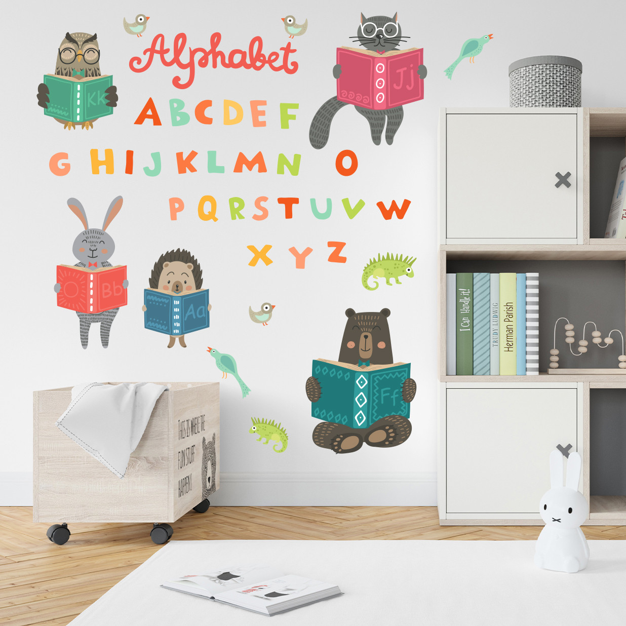 Вінілові наклейки Англійська абетка Тварини сова кіт заєць їжак ведмідь Набір М 1000х500мм матова