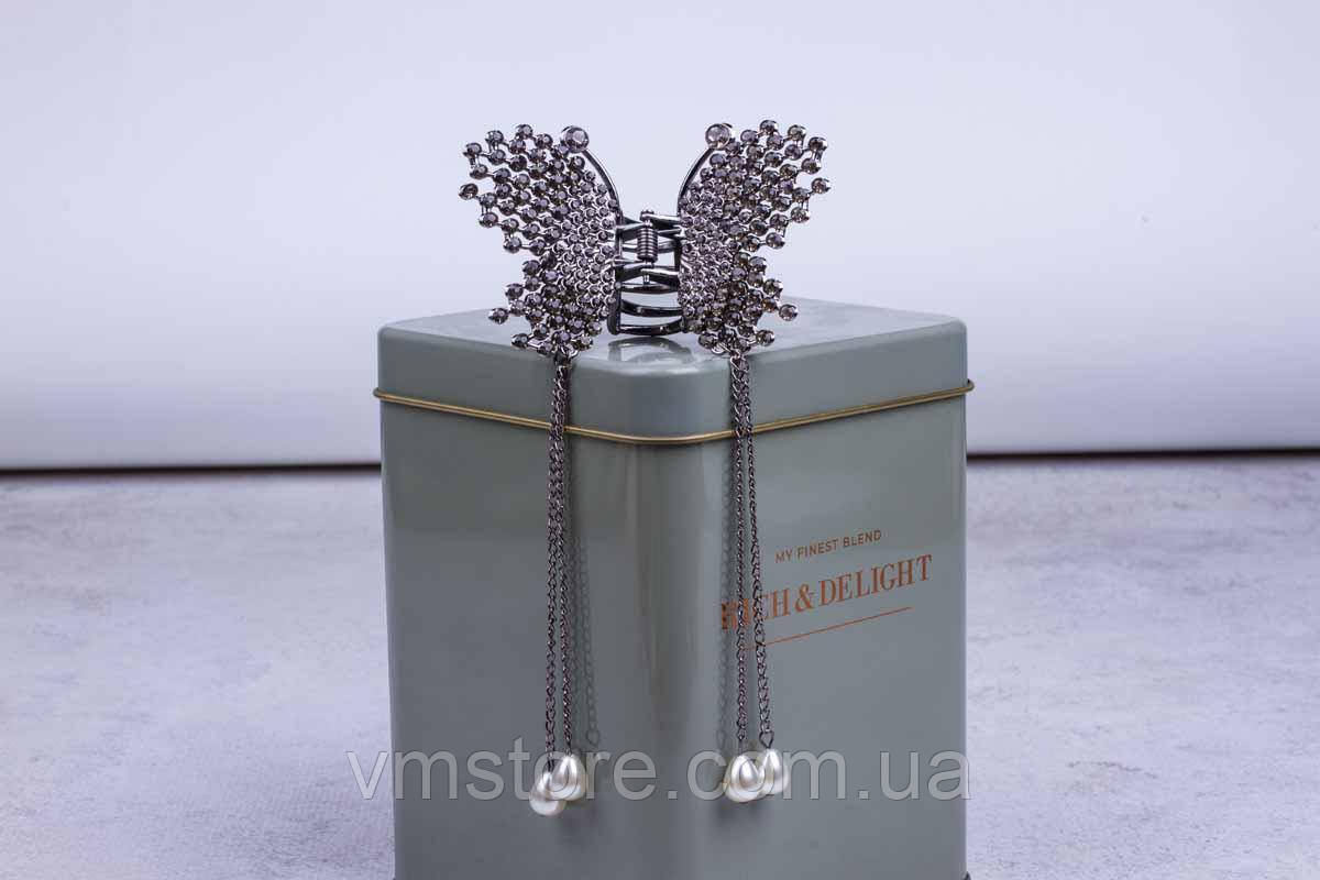 Краб метелик металевий із підвісками ланцюжками, чорний метелик, фото 1