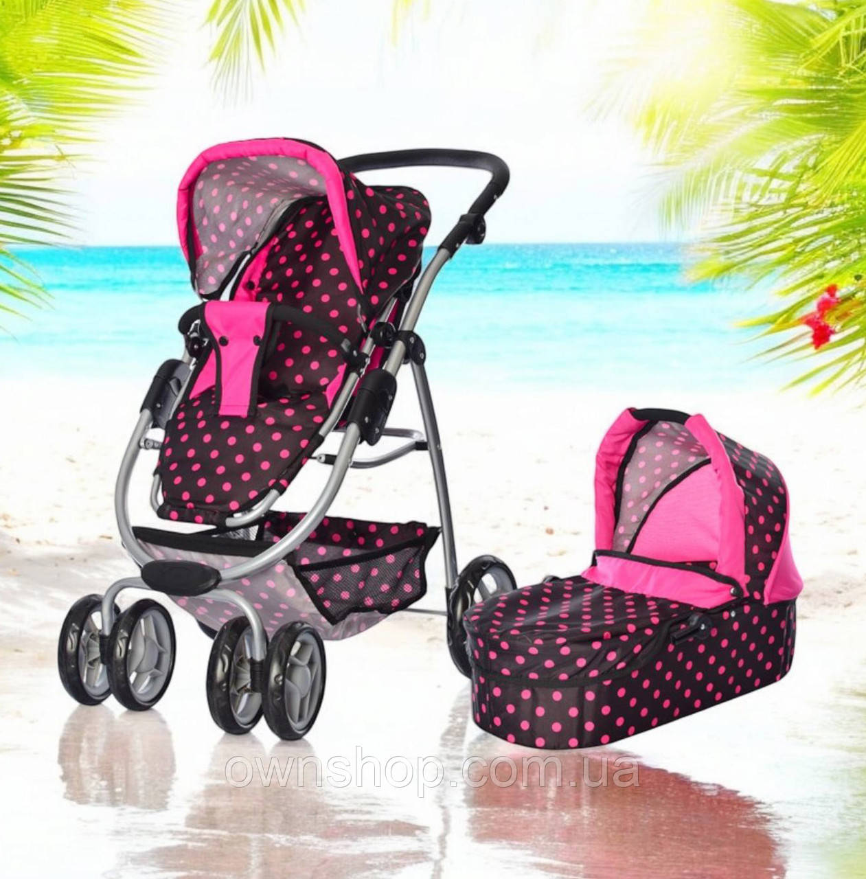 Коляска для ляльки 9662 Melogo в горох h=82 cm, 2 в 1, класика, фото 1