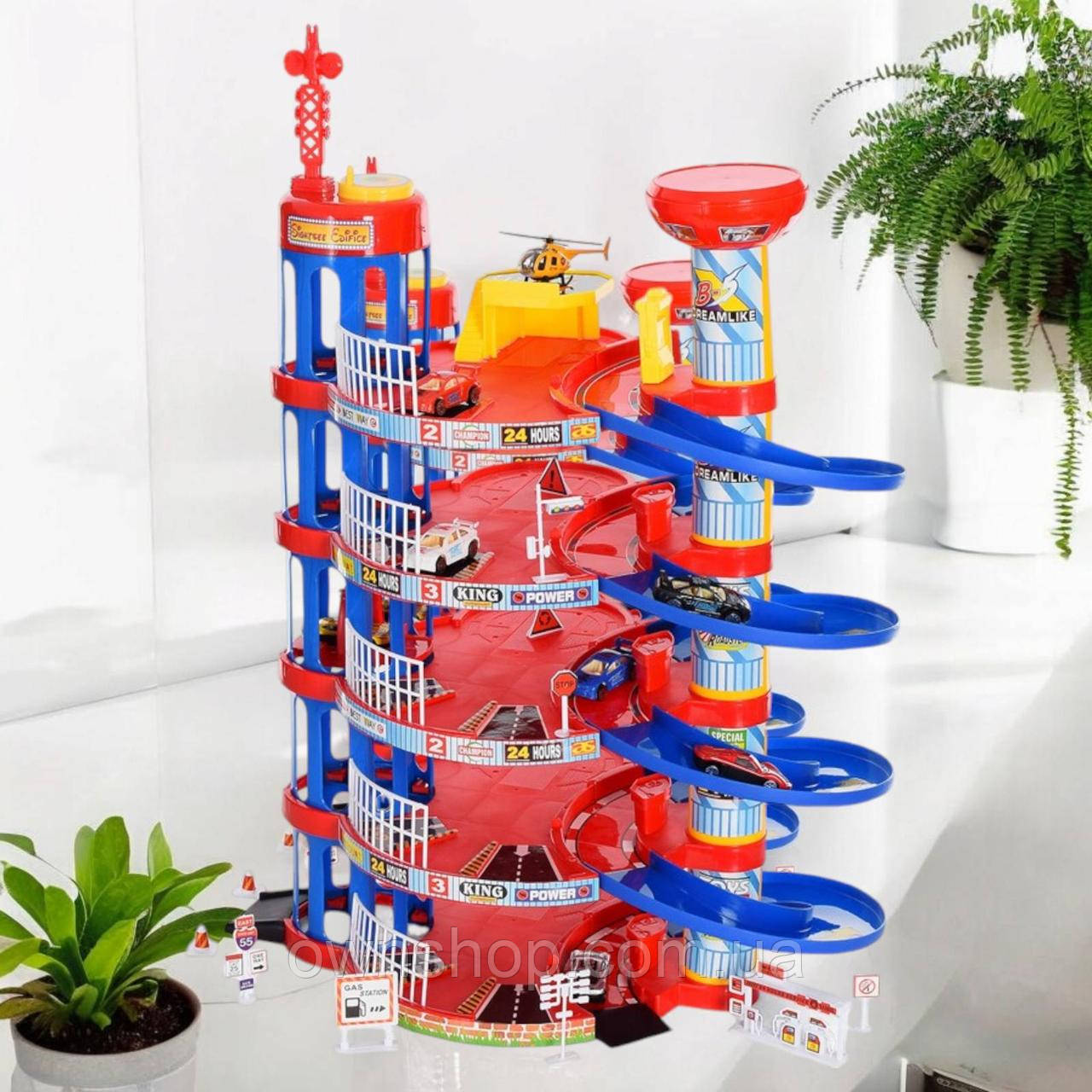 Дитячий реалістичний гараж, 5 рівнів, 7 машинок, вертоліт, 53 предмети, модель 0908-56Б, фото 1