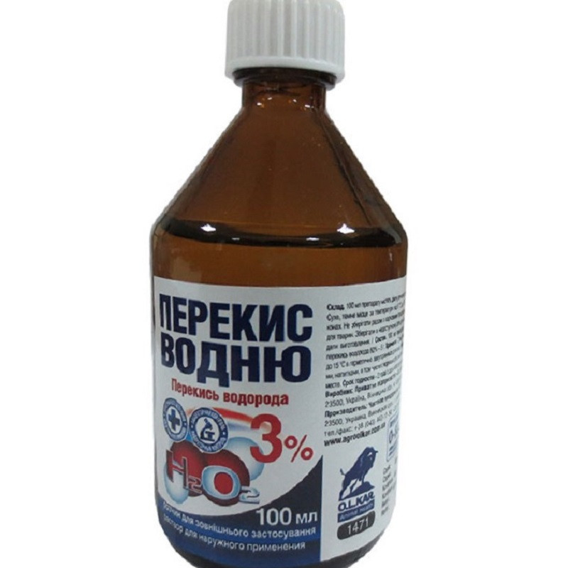 Розчин Перекис водню ветеринарний 3% для очищення ушкоджених ран 100 мл OLKAR