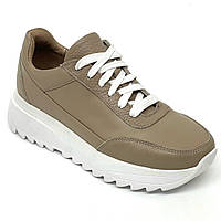 Жіночі шкіряні кросівки бежевого кольору з білою підошвою на шнурівці Sergio Billini 4479 капучіно розмір 36