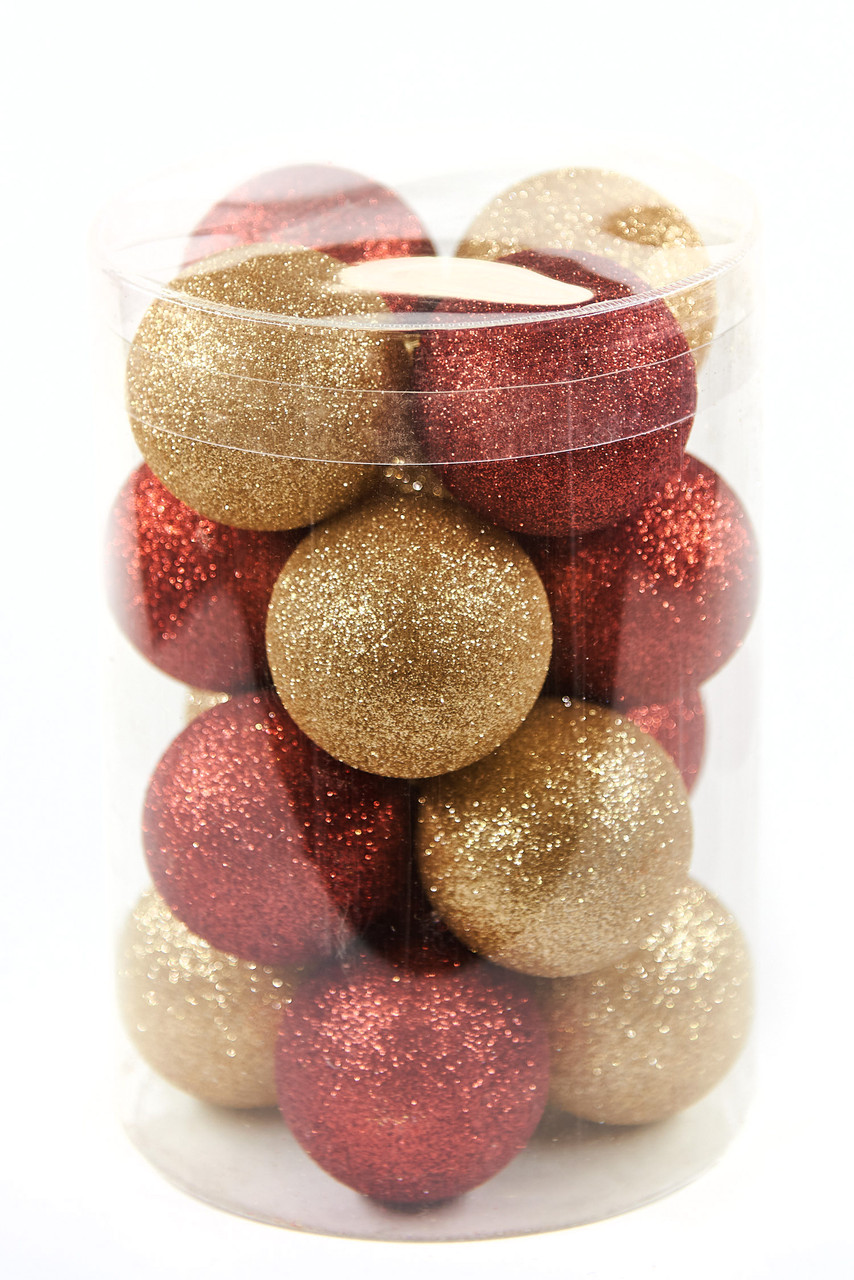 Кольорові кулі набір на ялинку червоний і золотий глітер 16 шт d 6 см, фото 1