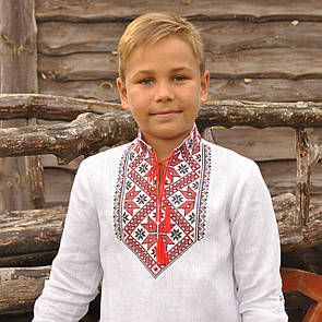 Біла вишиванка на льоні для хлопчика з довгим рукавом