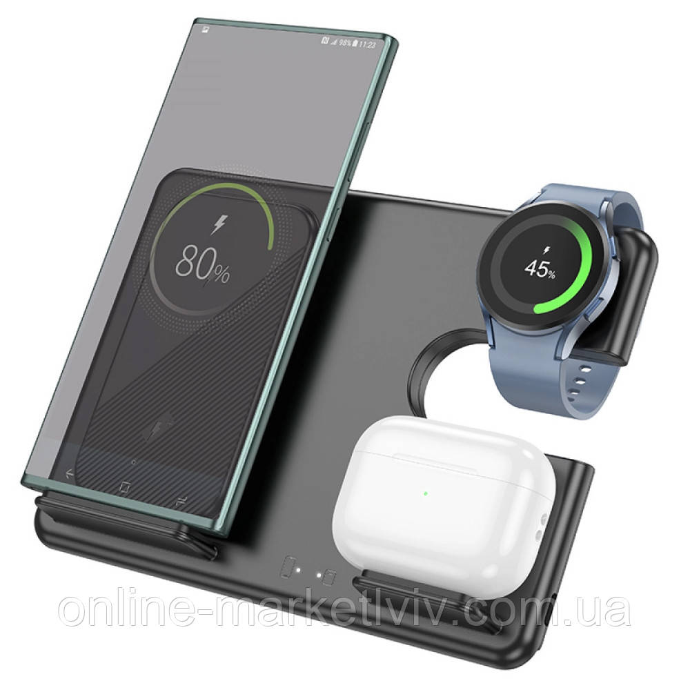 Бездротовий зарядний пристрій 3в1 з USB, Hoco CQ / Бездротова зарядка для телефону / Док станція
