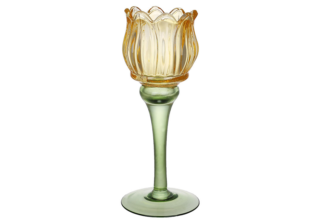 Свічник скляний Тюльпан, 19см, колір - жовтий із зеленим, фото 1