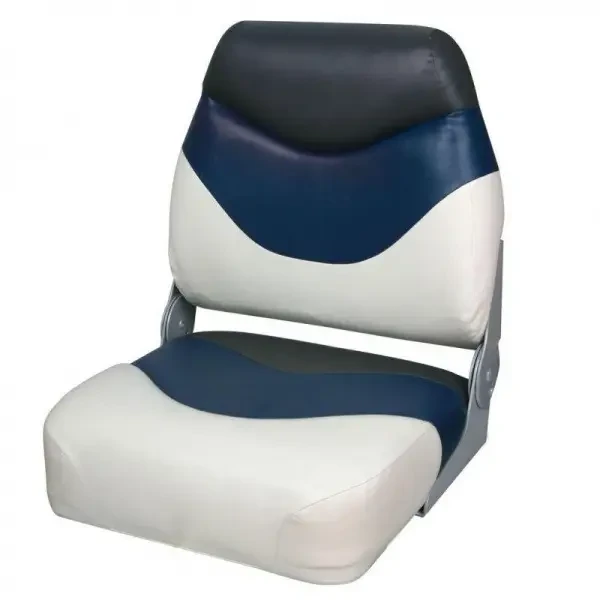 Сидіння складне для човна і катера преміум 75108WBC низька спинка морський вініл біло-синьо-чорне розміри 430х410 мм, фото 1